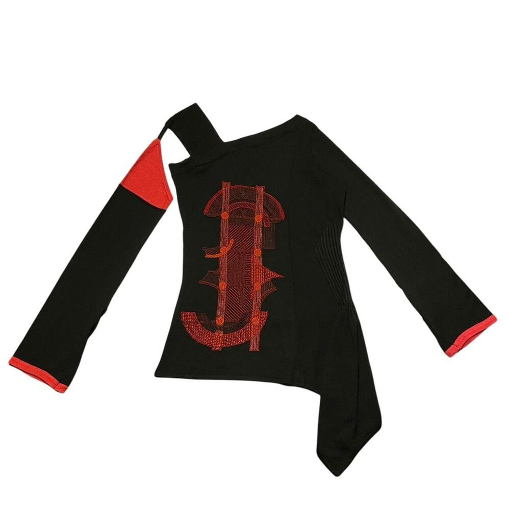 RARE Vintage Black and red knit Save the Queen asymmetrical one sleeve top